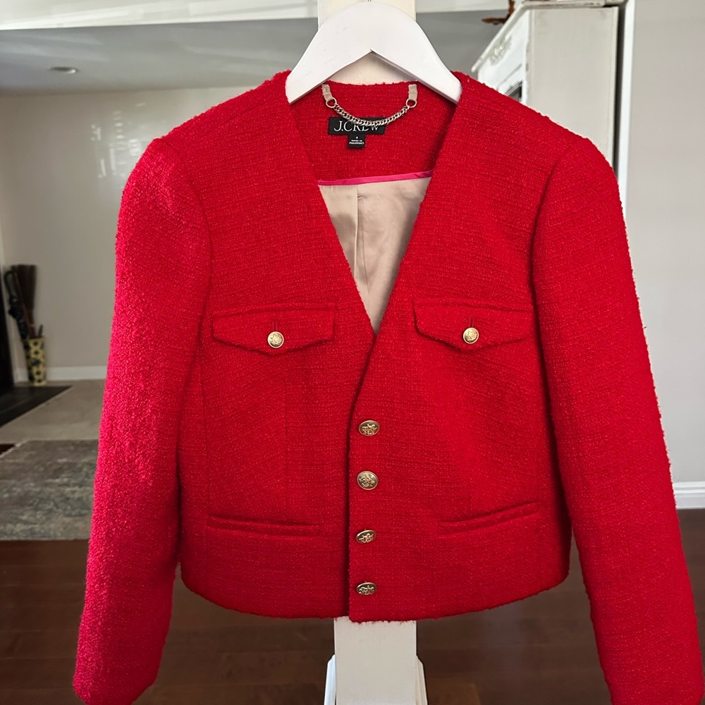 J. Crew Red Blazer with Gold Buttons V-neck lady jacket in maritime tweed Sz 4